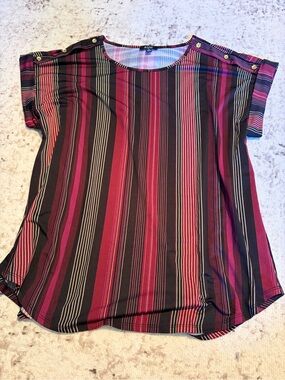 AUW Striped Short Sleeve Blouse in Burgundy and Black